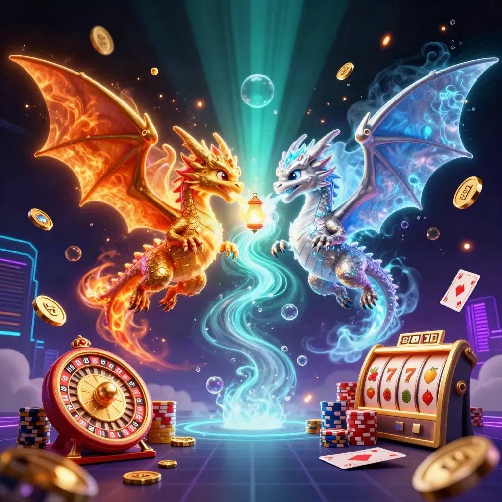 Twin gold and silver dragons swirl with coins, gems, reels, chips, and neon casino light.