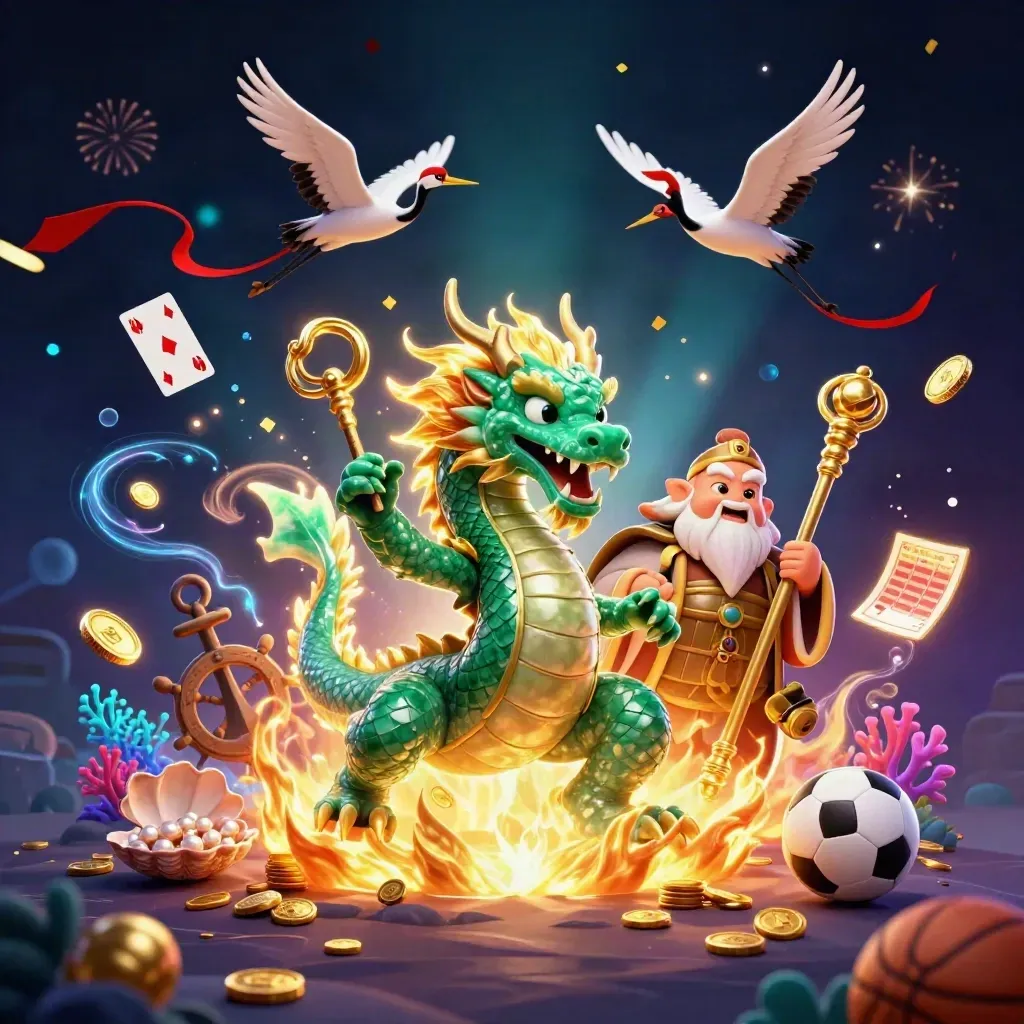 Dragon, turtle sage, and cranes in a neon treasure cove with coins, coral, fire, and casino effects.