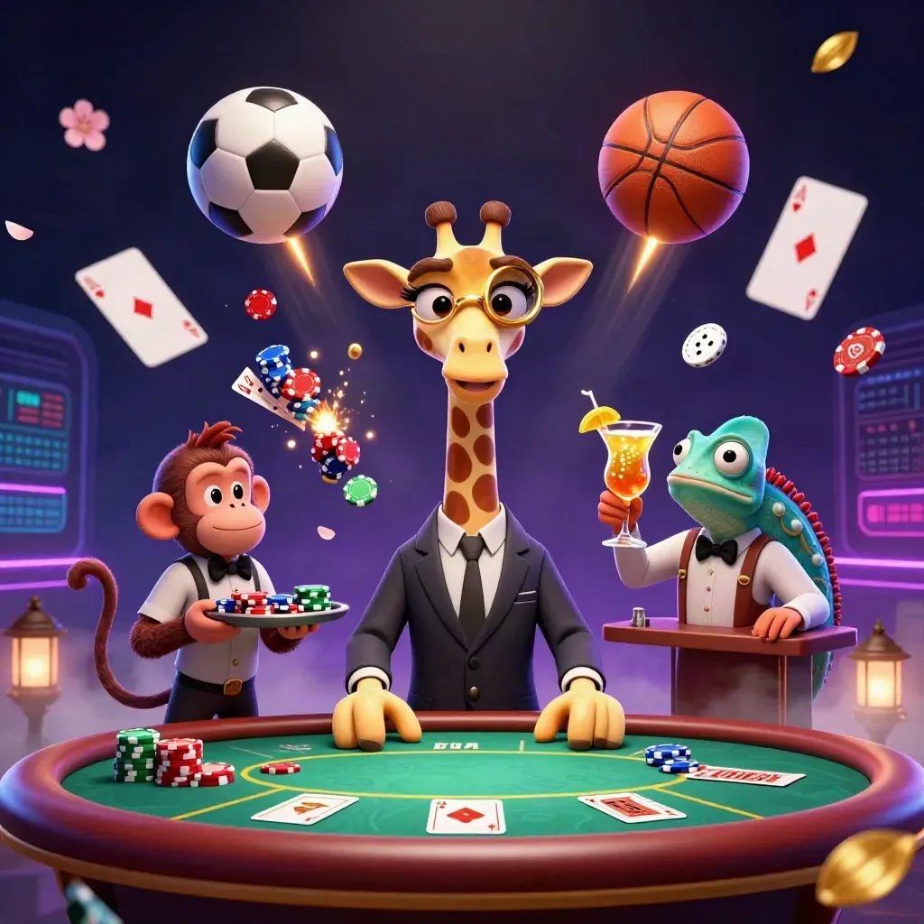 Suit-clad giraffe, monkey valet and chameleon bartender amid chips, balls, neon casino light
