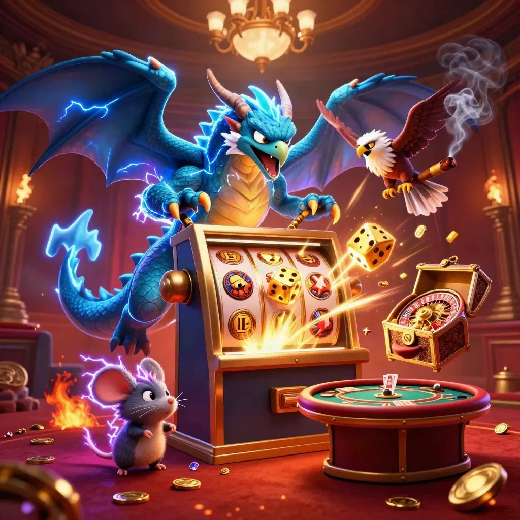 Thunder dragon, glowing hawk and static mouse amid casino loot and lightning