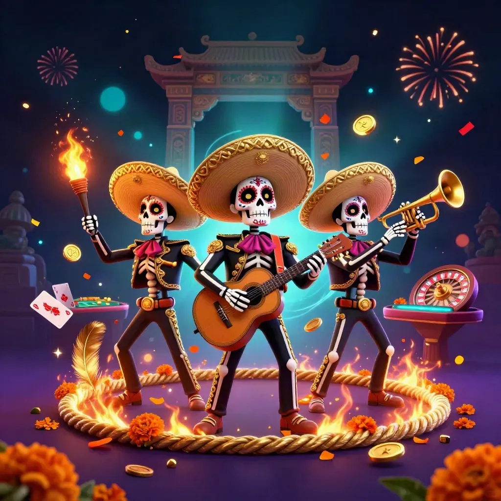 Skeleton mariachi trio in a neon casino scene with gold, teal, and violet effects.