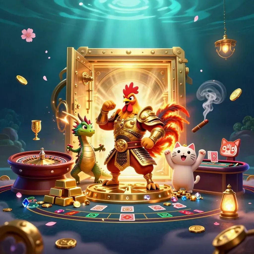 Rooster warrior, dragon hatchling, and fortune-cat amid casino loot in neon teal and gold.