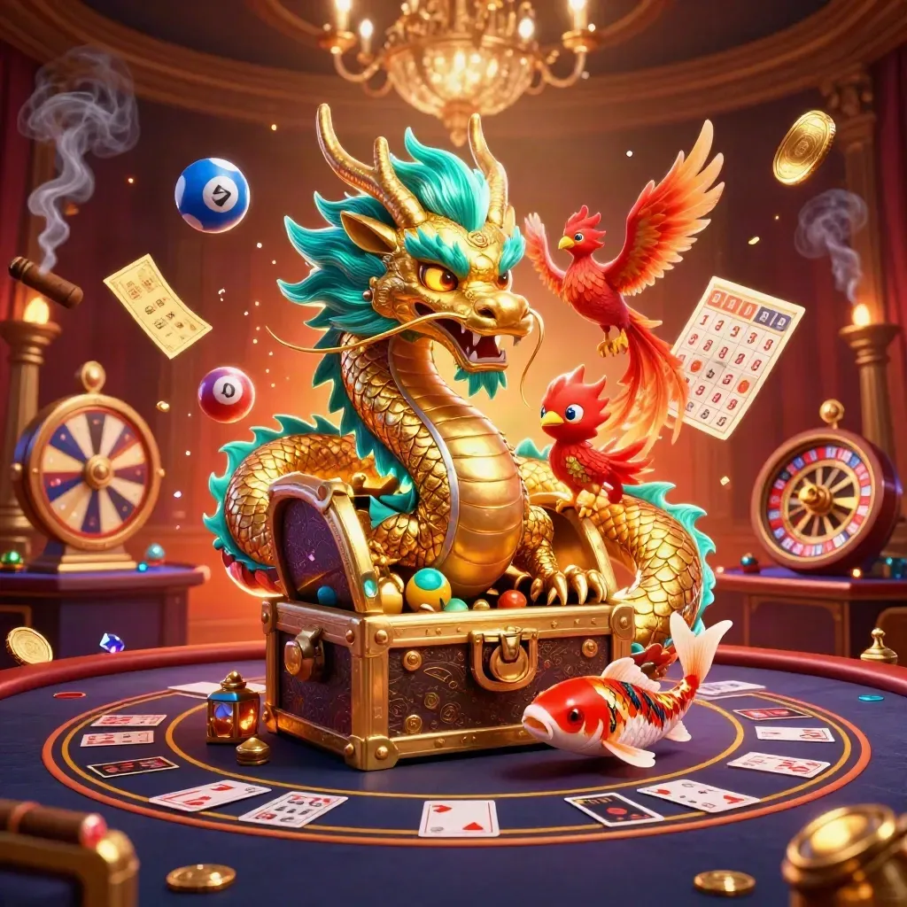 Golden dragon, phoenix, koi, roulette, balls, and embers in neon casino light