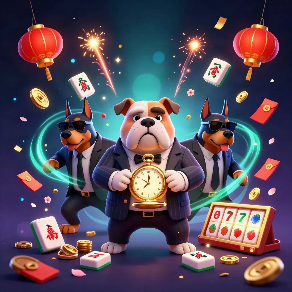 Bulldog boss and two Dobermans amid casino treasure, teal magic, lanterns, coins, fireworks
