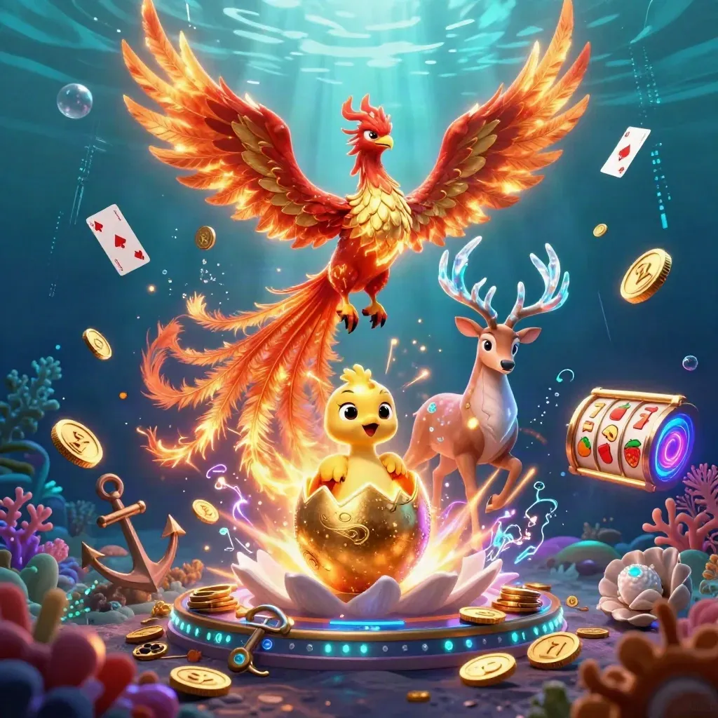 Phoenix, hatching egg, and crystal stag burst through a neon underwater treasure cove.