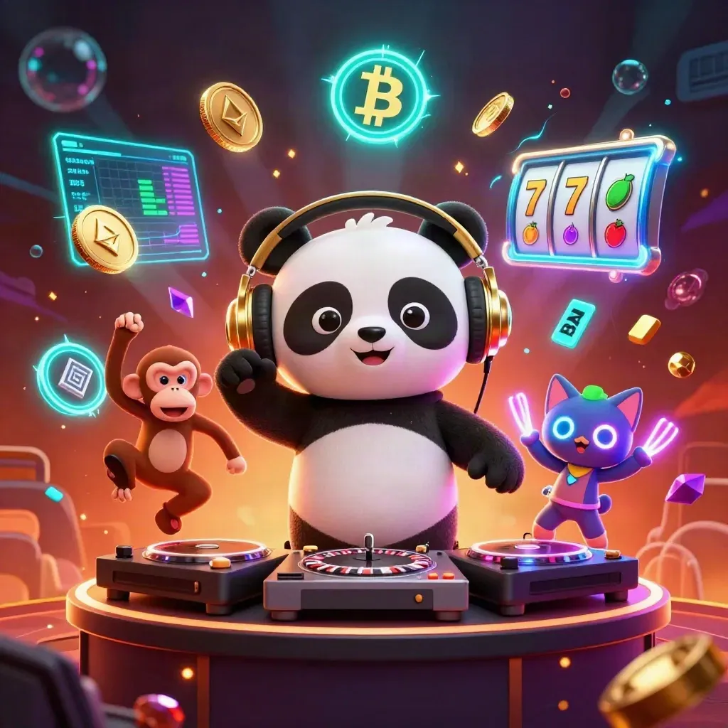 DJ panda, breakdancing monkey, and rave kitten amid neon coins, reels, and teal casino sparks