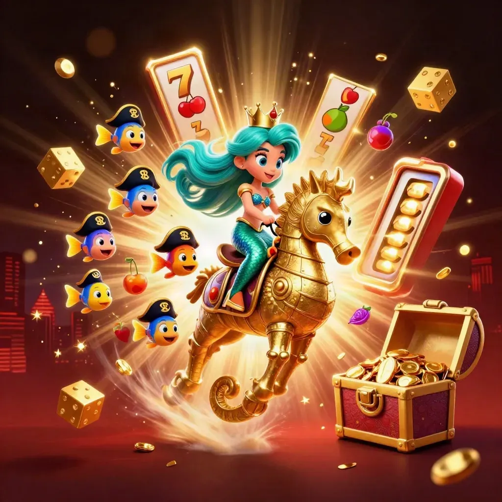 Mermaid princess rides a gold-armored seahorse as slot symbols and treasure burst in neon casino light.