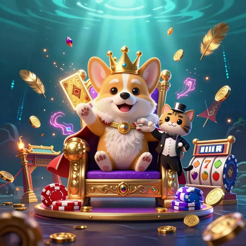 Royal corgi king and cat butler on a chip throne, with casino props and neon underwater glow.