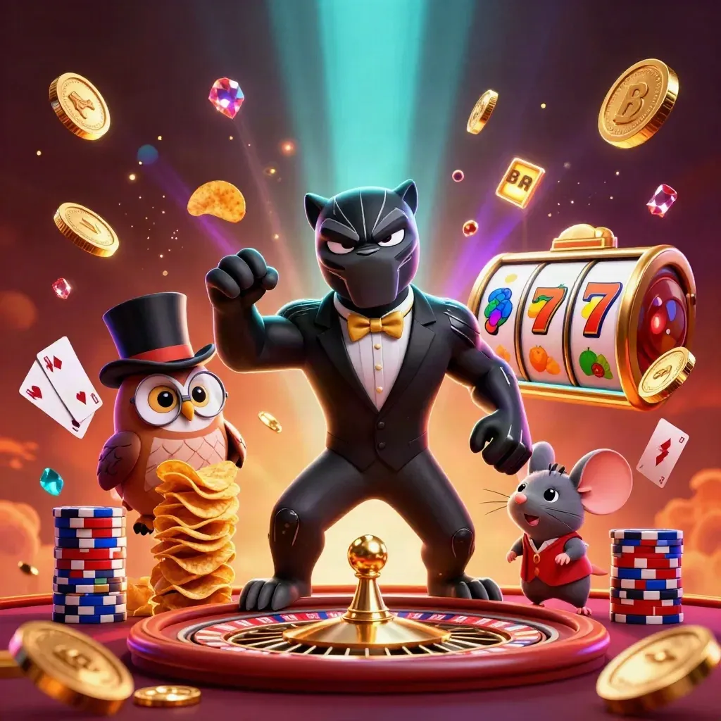 Panther, owl, and mouse casino heroes surrounded by chips, coins, gems, and glowing neon effects