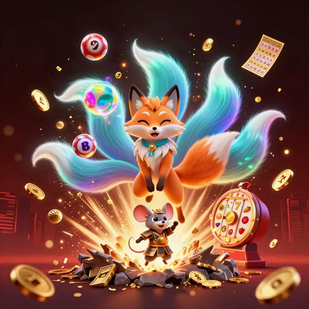 Nine-tailed fox spirit and samurai mouse amid exploding coins, reels, fireworks, and neon casino lights.