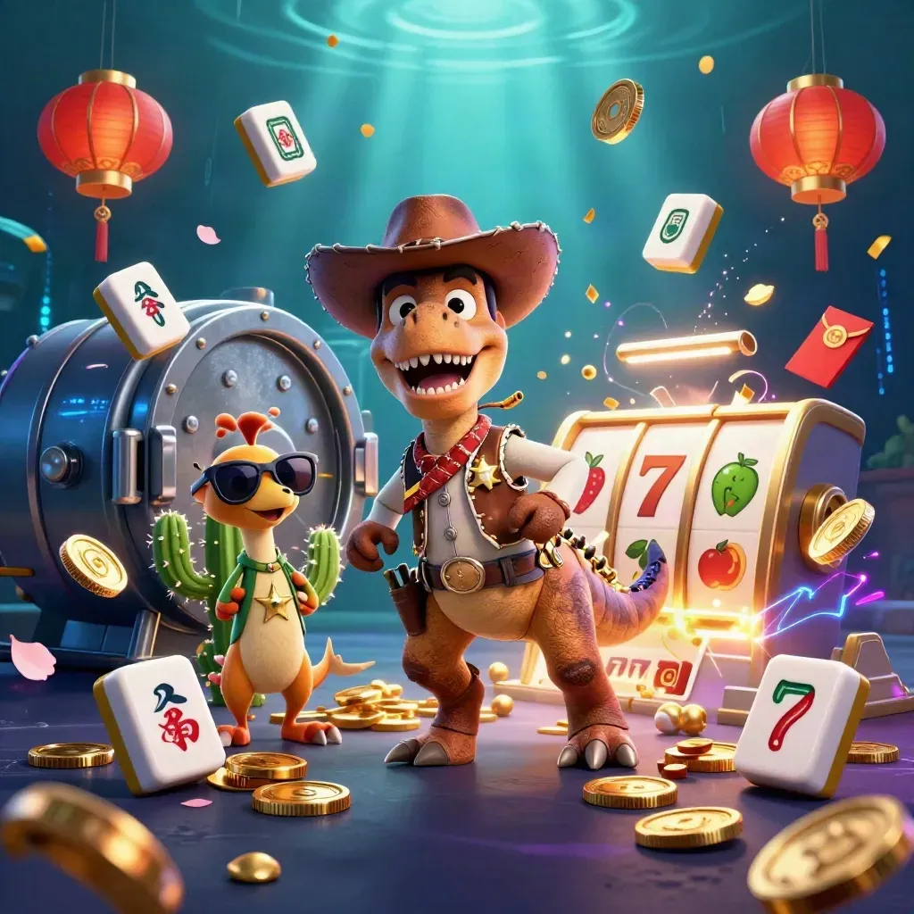 Cowboy T-Rex, cactus sidekick, and sheriff roadrunner amid exploding coins, lanterns, fireworks, and slot symbols.