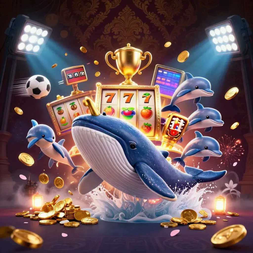 Whale captain, narwhal, and dolphins burst through coins with neon casino loot and fireworks.