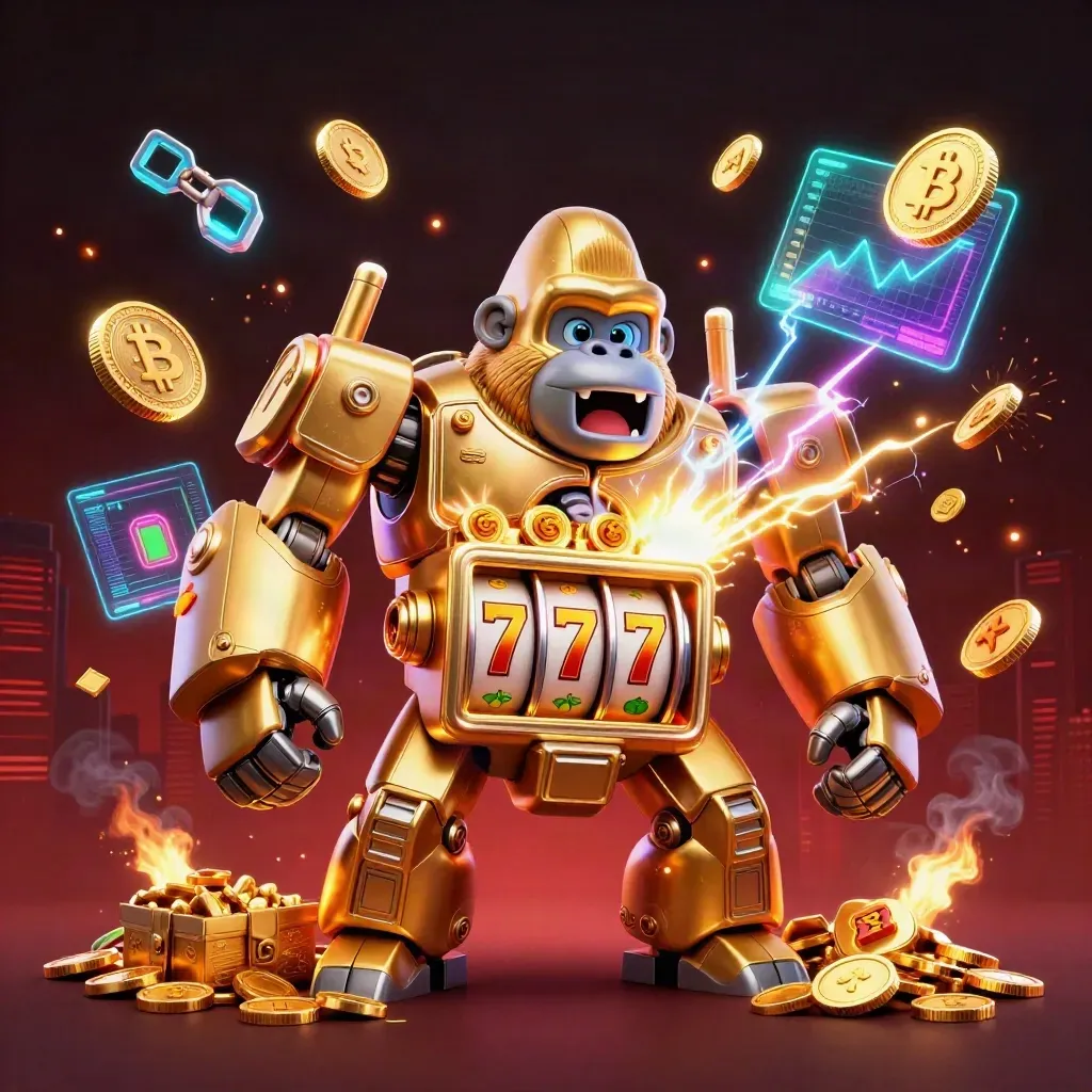 Golden gorilla mech with monkey pilot amid coins, neon crypto symbols, fireworks, and casino loot.