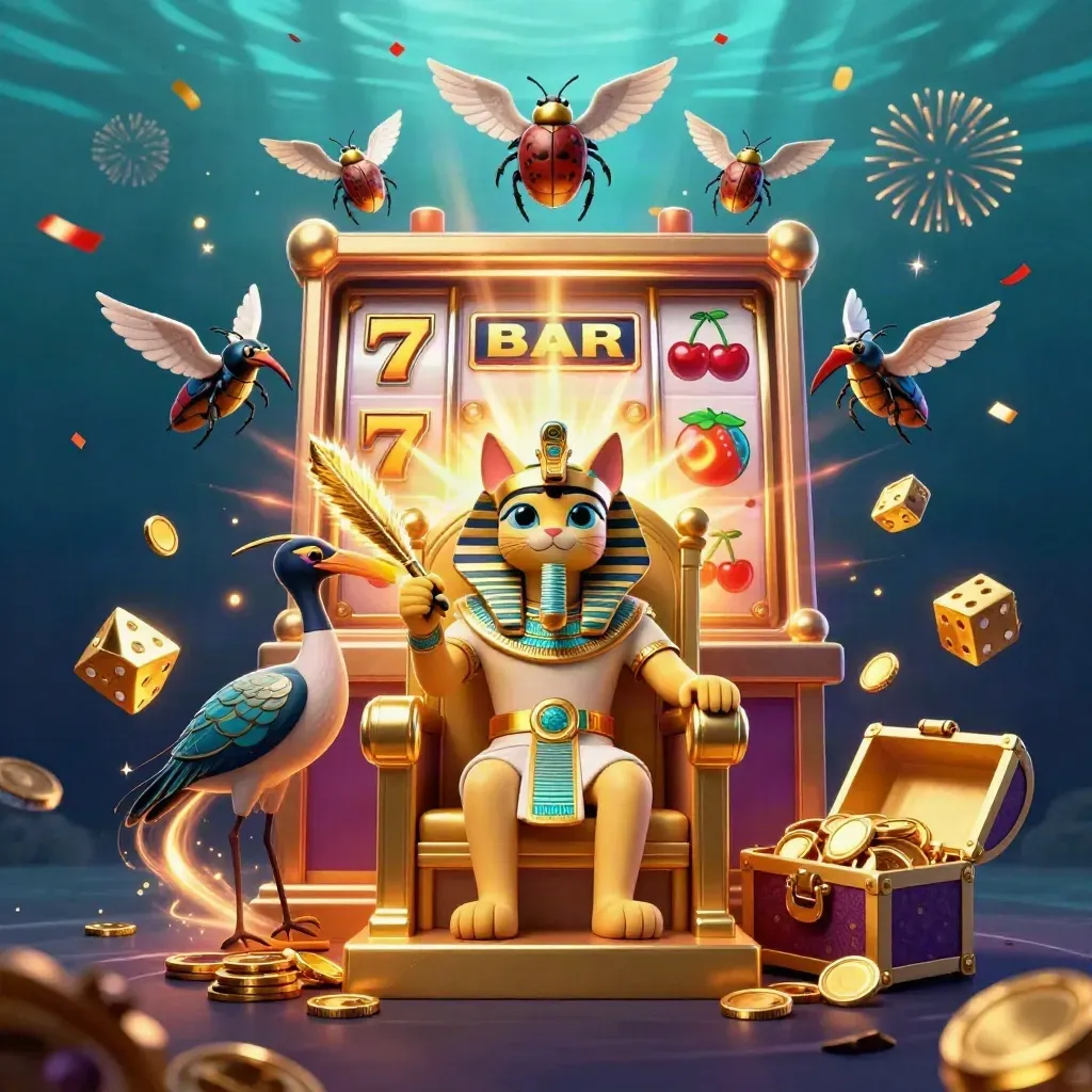 Pharaoh cat, ibis scribe, and gem-wing scarabs amid bursting slots, coins, and fireworks.