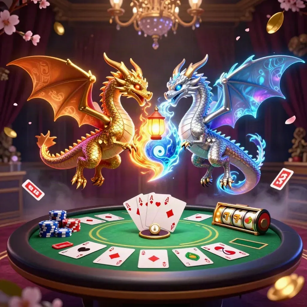 Gold and silver dragons entwined in neon casino art with chips, cards, reels, and a lantern sprite.