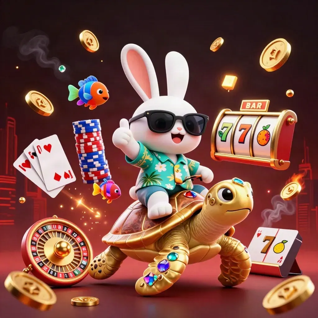 Lucky rabbit rides a jeweled sea turtle amid casino icons and neon light.