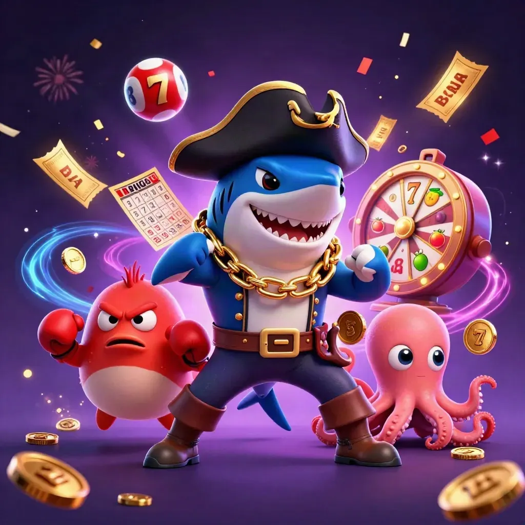 Pirate shark, boxing pufferfish, and coin-juggling octopus amid neon slot sparks.