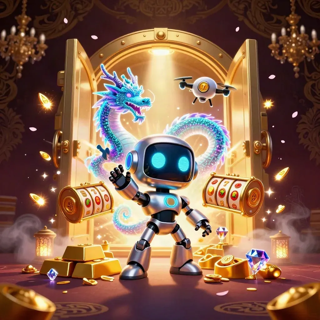 Cyberpunk robot, holographic dragon, and coin drone erupting from a golden vault with slot symbols and treasure