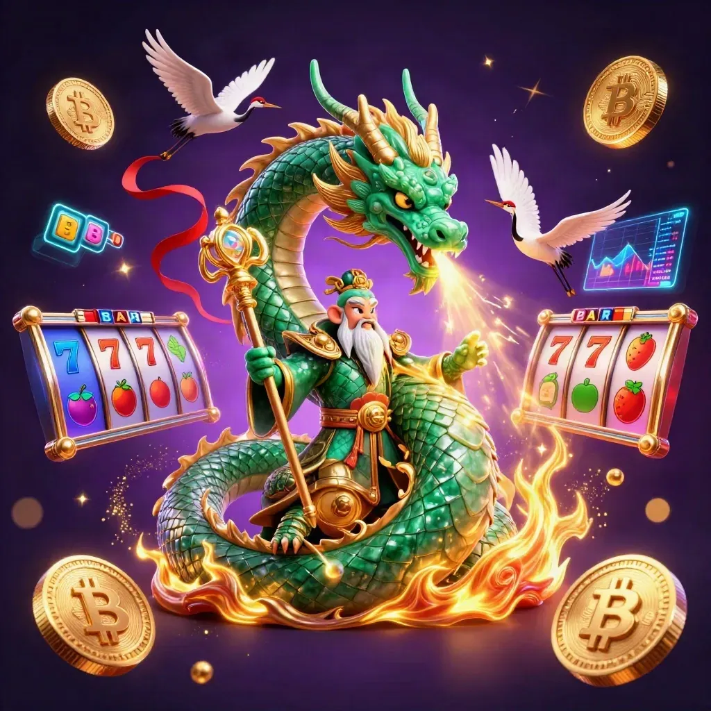Jade dragon, turtle sage and cranes amid neon casino coins, reels, and gold fire.