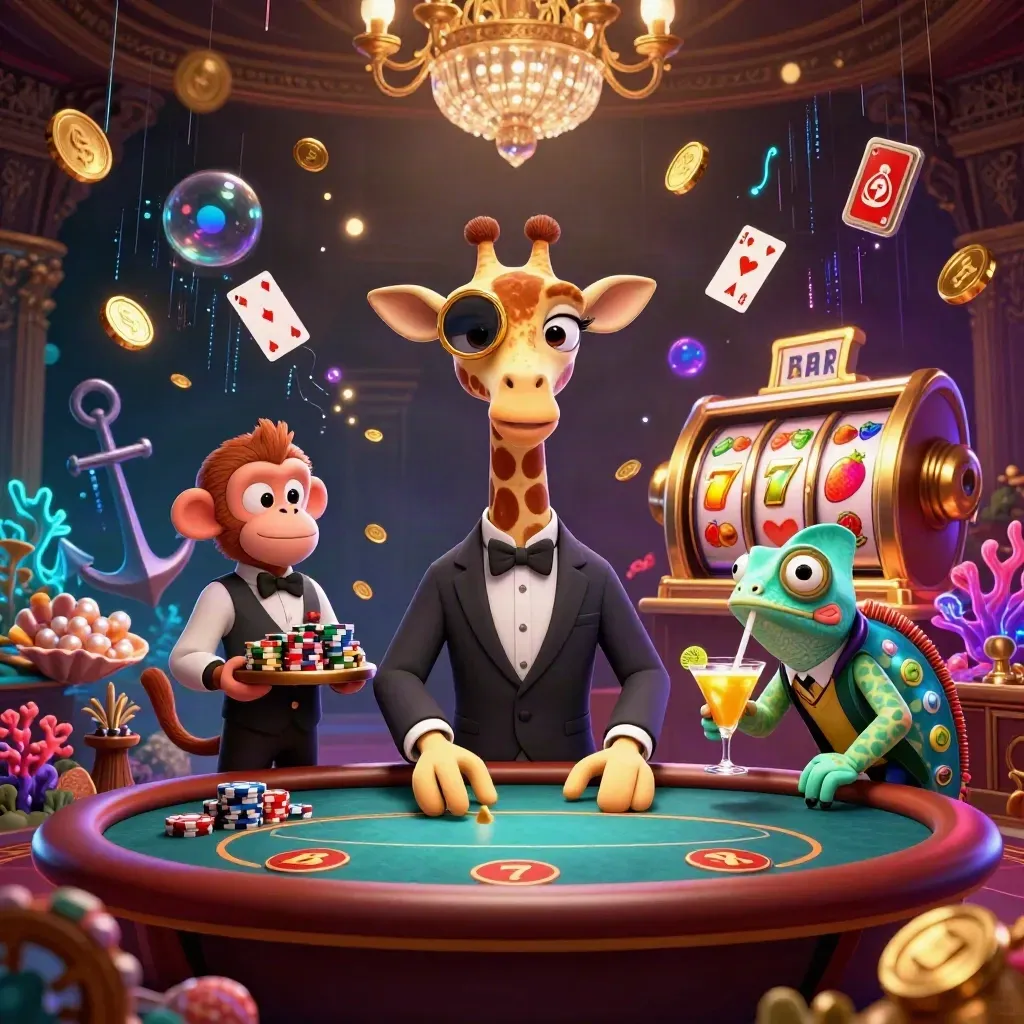 Neon casino trio in a treasure cove with gold coins, cards, and jackpot glow.