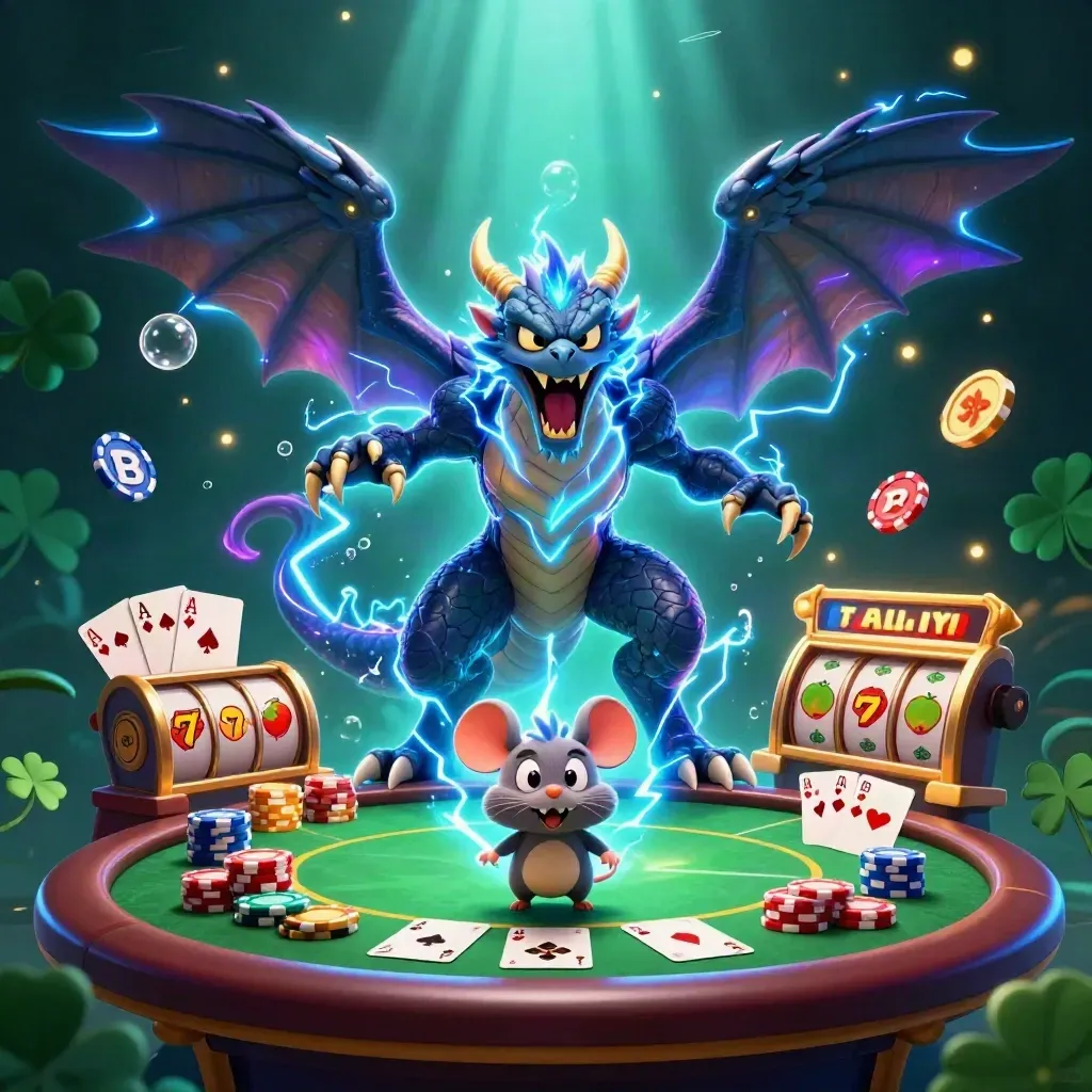Thunder dragon, wind hawk, and static mouse amid casino chips, cards, reels, and neon sparks.