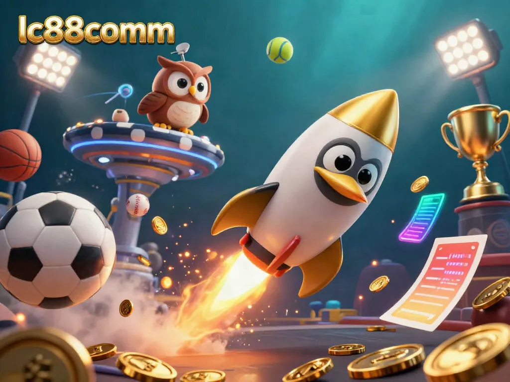 Engage with LC88comm and experience thrilling sports betting with a golden penguin launching towards a casino space station.