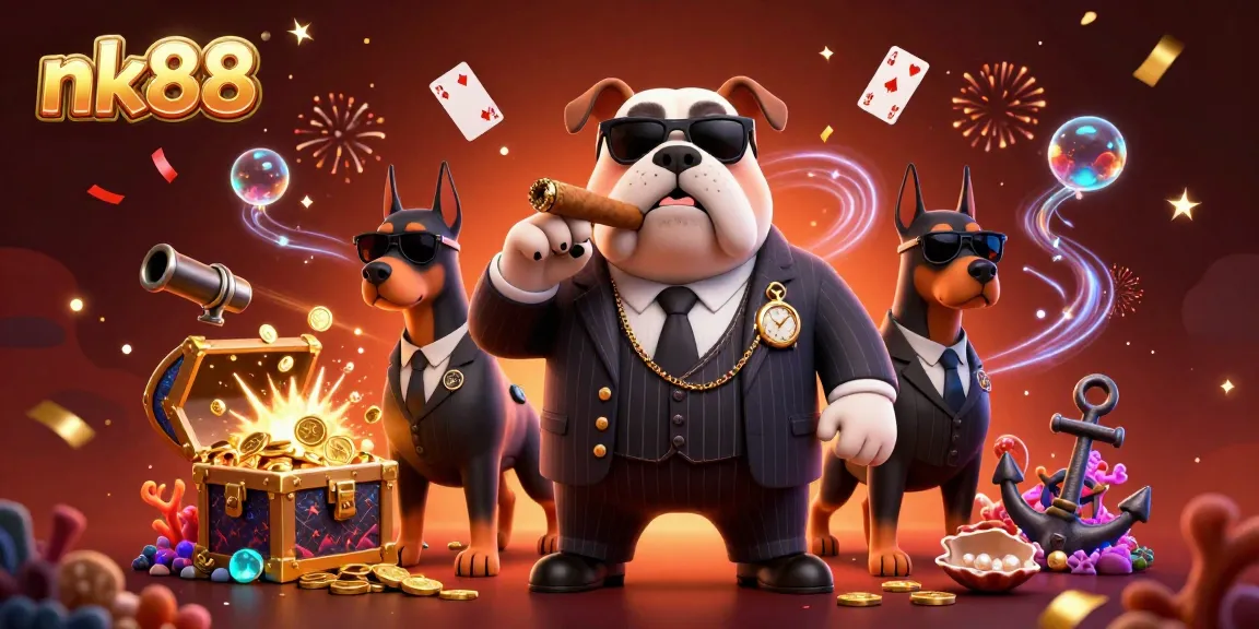 Experience the thrilling world of nk88 with a mafia bulldog and bodyguards amidst vibrant casino elements.