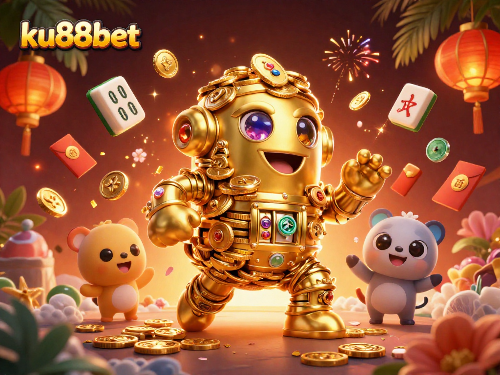 Play slots and win with ku88bet, featuring a golden golem and festive gambling elements.