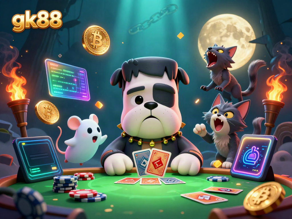 gk88 casino illustration featuring a cartoon Frankenstein bulldog dealing cards amidst ghostly elements and glowing cryptocurrencies