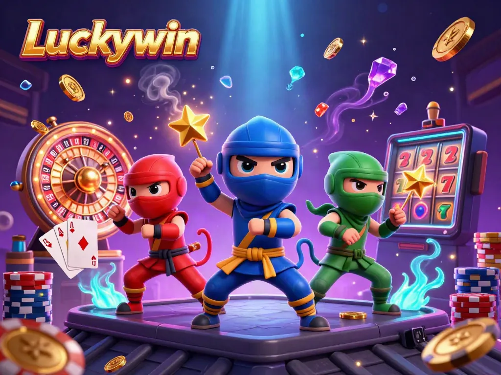 Experience thrilling moments at Luckywin with dynamic visuals of ninja chameleons in a vibrant casino setting.