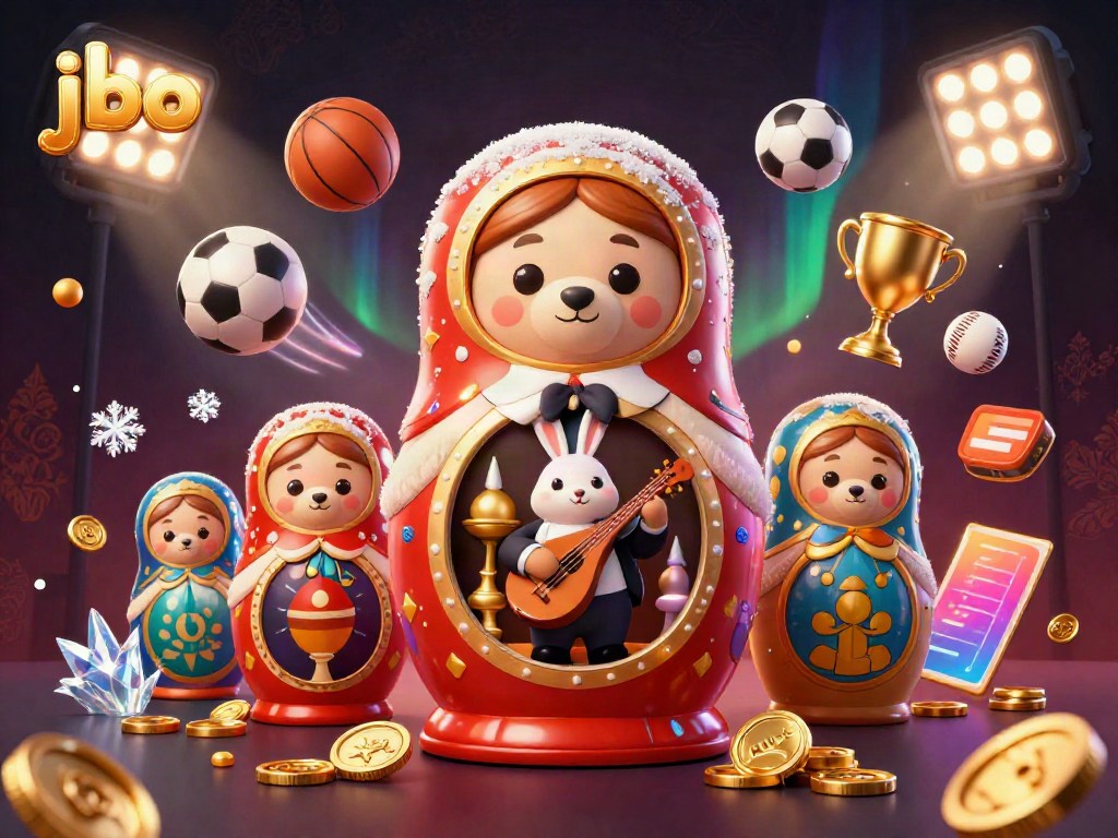 Engage with JBO casino excitement featuring a vibrant 3D illustration of bears, sports elements, and a rabbit serenading.