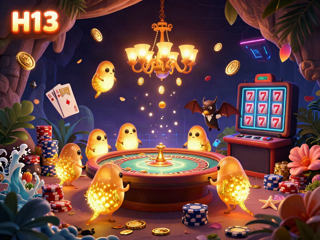Experience dynamic gameplay with H13 casino scene where glowworms illuminate vibrant games and cascading chips.