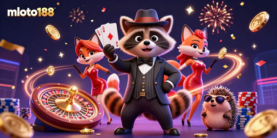 Experience thrilling gameplay at mloto188 with a charming raccoon and fox in a vibrant casino.