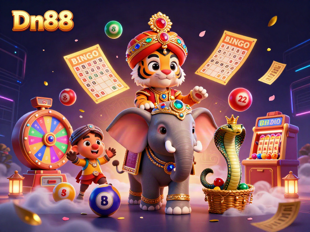 Experience the vibrant Dn88 casino world with a majestic tiger on an elephant, enveloped in colorful gaming elements.