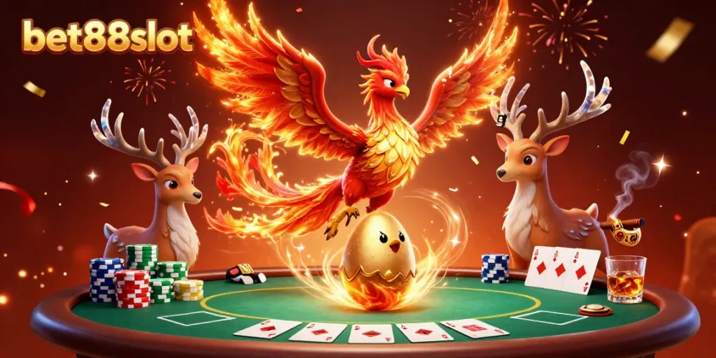 Experience the vibrant world of bet88slot with a phoenix and stag at a poker scene.