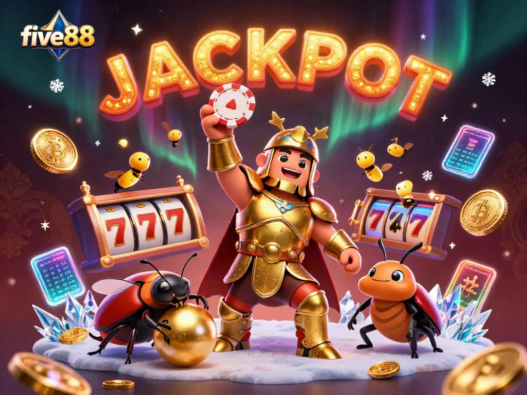 Engage in the thrilling atmosphere of five88, celebrating victory with a cartoon beetle and winning symbols.
