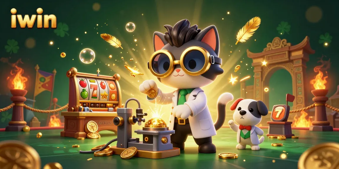 Join the fun with iwin at this ultra-detailed casino scene featuring a mad scientist cat!