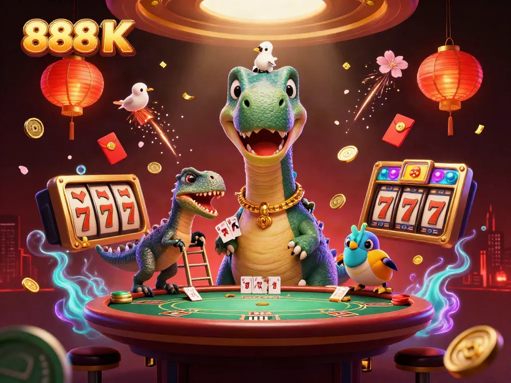 Experience thrilling moments with 888 K at a dynamic casino scene featuring a towering brontosaurus.