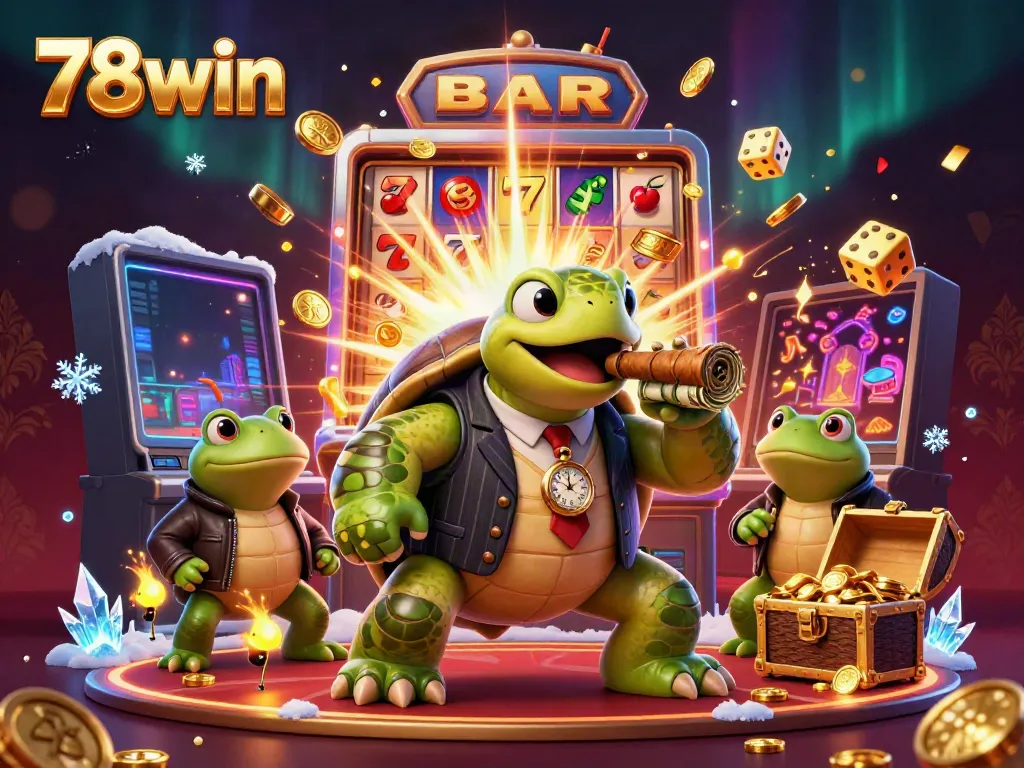 Experience the thrill of 78win with a dynamic casino scene featuring a turtle mobster and bullfrog enforcers.