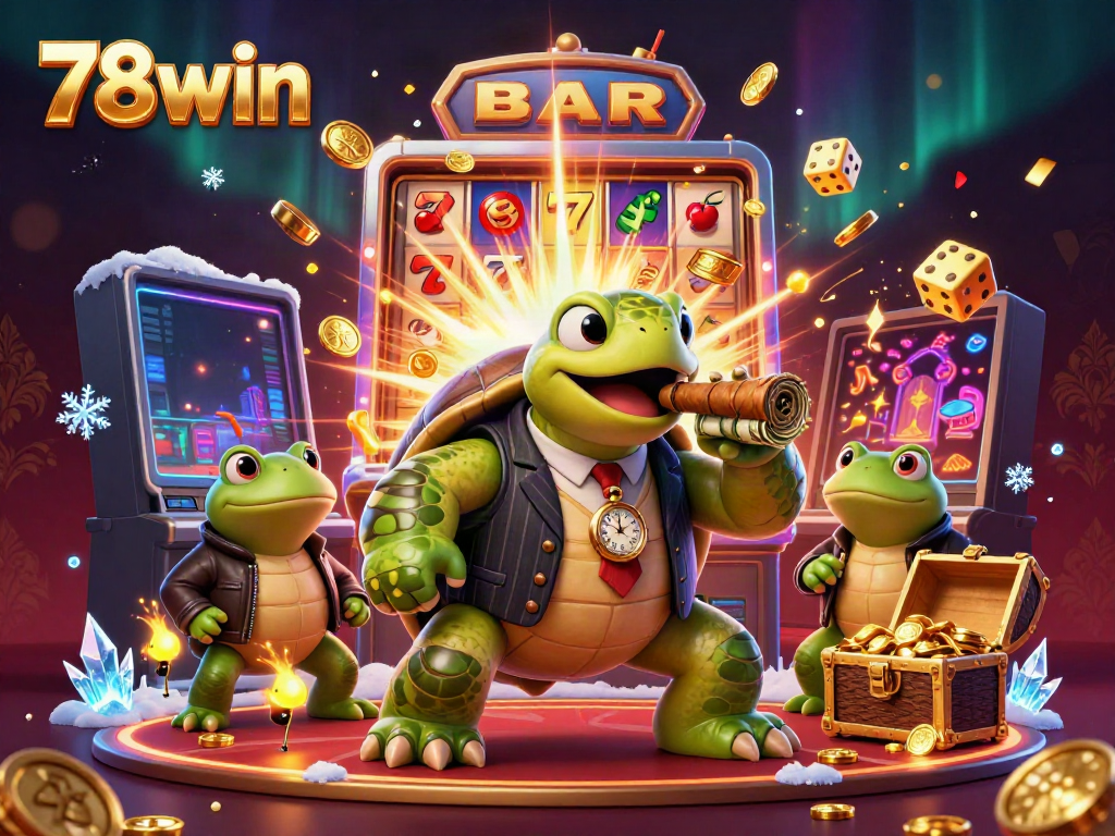 Experience the thrill of 78win with a dynamic casino scene featuring a turtle mobster and bullfrog enforcers.