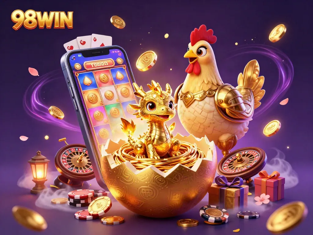 Join the excitement at 98WIN with a golden dragon guarding treasure and thrilling slot games.