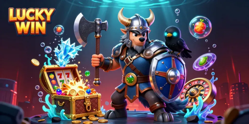 LUCKY WIN illustration showcasing a Viking warrior and dragon among exploding treasure themed around casino games.