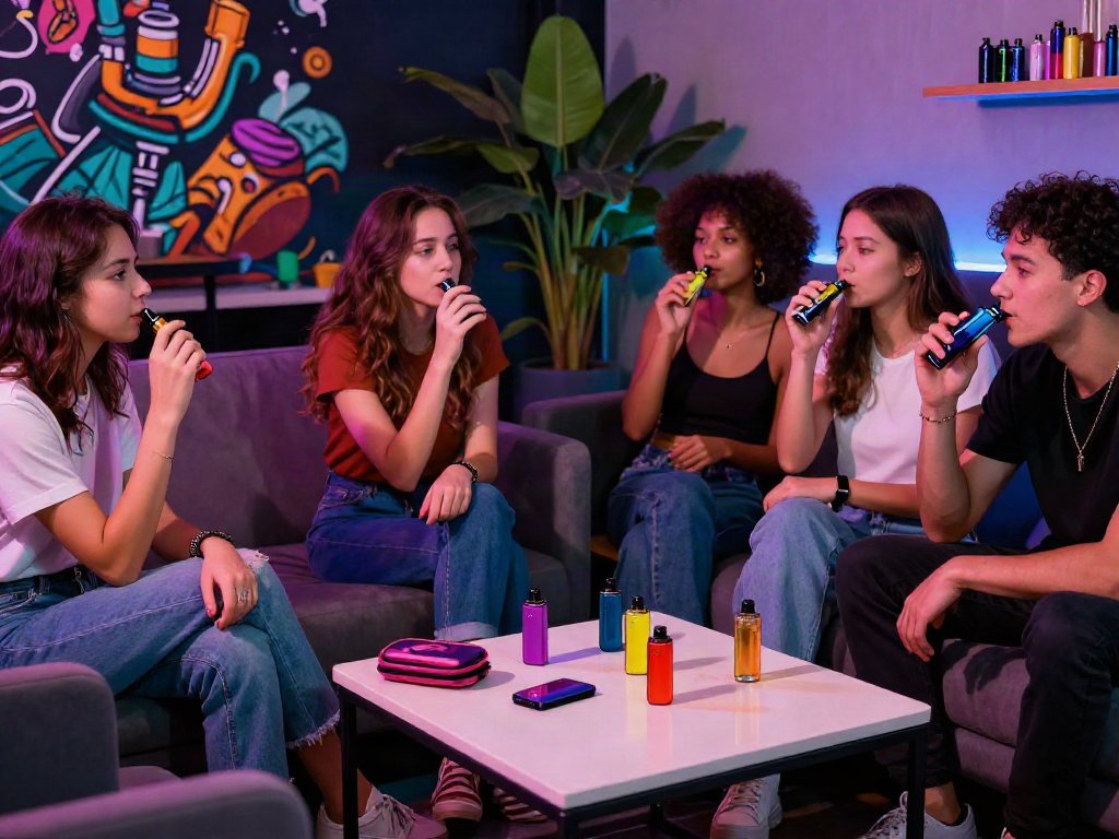 Group of friends enjoying raz vape products in stylish lounge setting