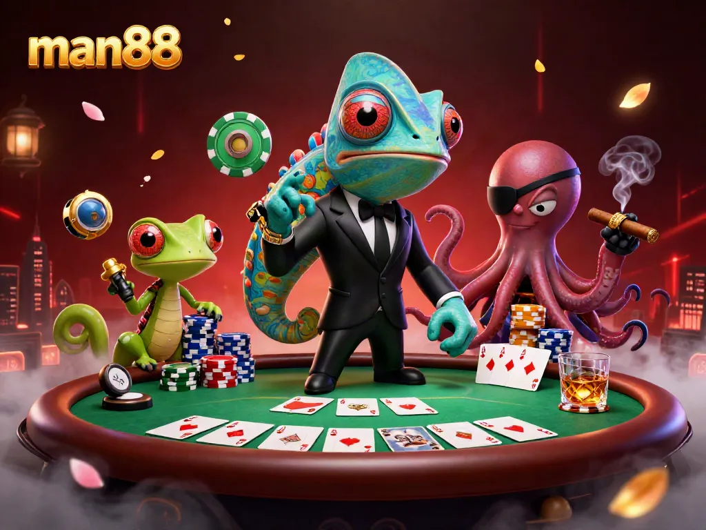 Join exciting poker action at man88 with a colorful chameleon agent, tech-gecko, and octopus villain.