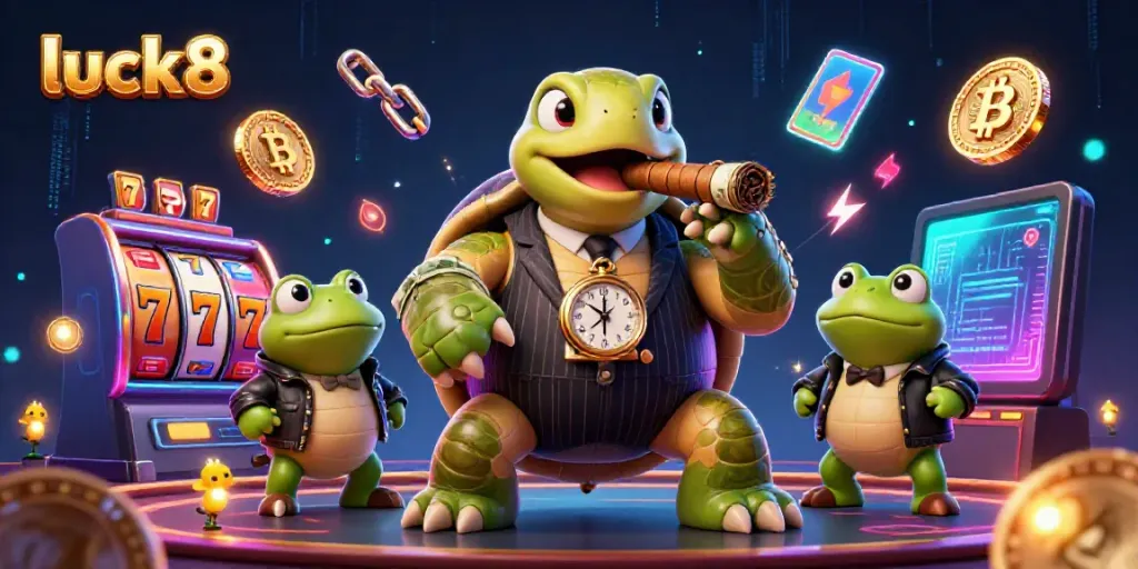 luck8's vibrant casino scene features a turtle mobster amidst glowing slot reels and cryptocurrencies.
