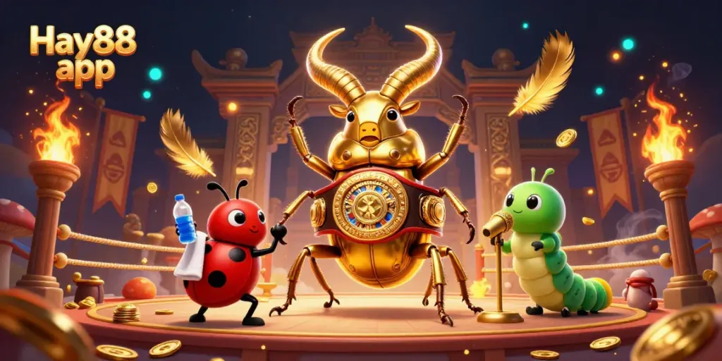 Experience the excitement of the Hay88 app with a vibrant 3D cartoon rendering featuring a boxing beetle and magical casino elements.