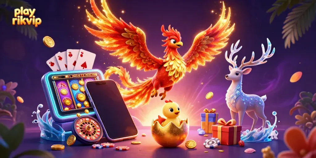 Engage in play rikvip with a thrilling phoenix and stag in a vibrant casino setting.