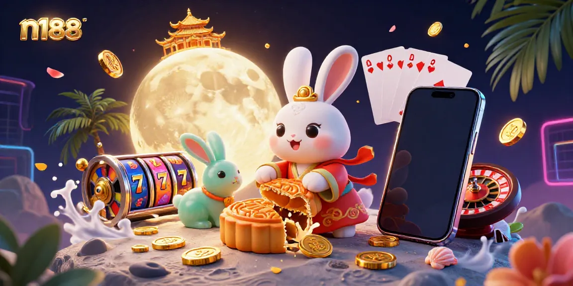 Experience thrilling gaming with n188’s vibrant 3D casino-inspired moon scene featuring champions of luck.