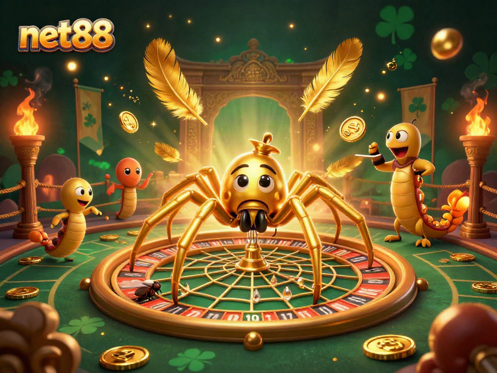 Engage your luck at net88 with a vibrant casino scene featuring a golden spider and a centipede croupier.