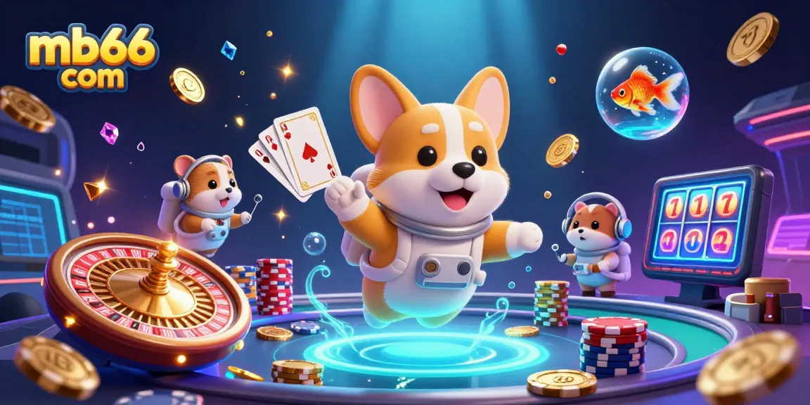 Experience thrilling gameplay at mb66 com with a dynamic illustration of an astronaut corgi and floating casino elements.
